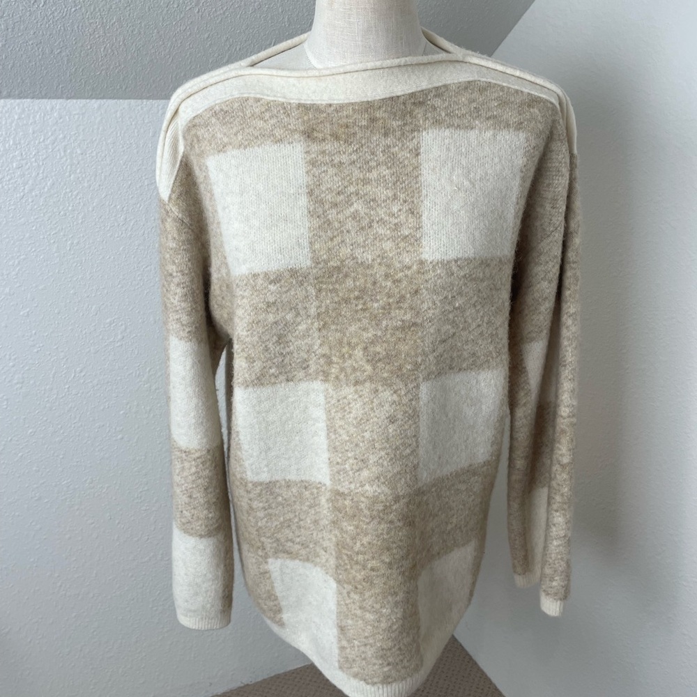 Closed Alpaca Oversized Sweater Cream And Tan Plaid Size Xs Nwot